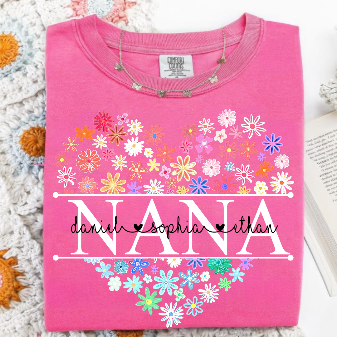 Comfort Colors Personalized Nana Flower Heart Shirt, Custom Grandma Nickname Tee With Kids Names, Mimi Gigi Grandma Floral Heart Design Family Grandkids Name Shirt Mothers Day Grandma Apparel