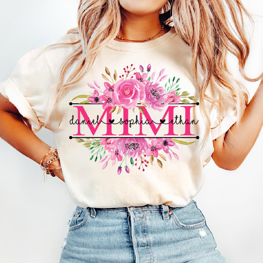 Custom Mimi T Shirt, Grandkids Names with Floral Rose Design Family Gift