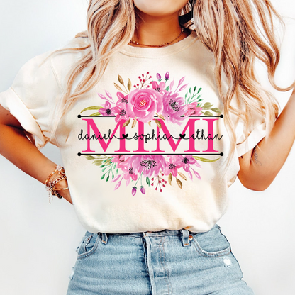 Custom Mimi T Shirt, Grandkids Names with Floral Rose Design Family Gift