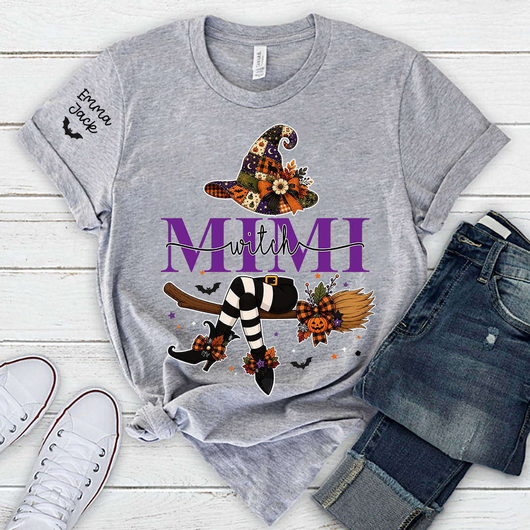 Personalized Grandma Mimi Halloween Shirt, Cute Witch and Pumpkin Design Tee, Custom Grandchildren Names T Shirt