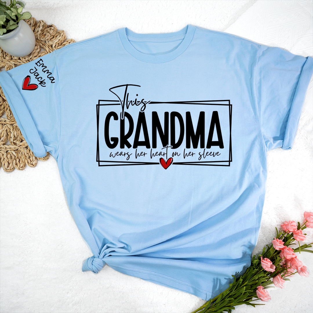 Custom Grandma Family Shirt, This Grandma Wears Her Heart Quote T Shirt