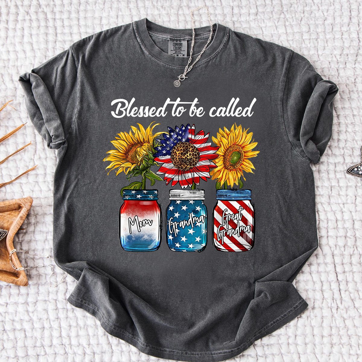 Comfort Colors Personalized Blessed to be Called Shirt, Custom Names with Sunflower and Patriotic Jar Design