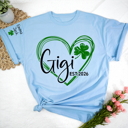 Cute Green T-Shirt With Gigi Shamrock Heart Print For St. Patrick's Day, With Your Grandchildren's Names