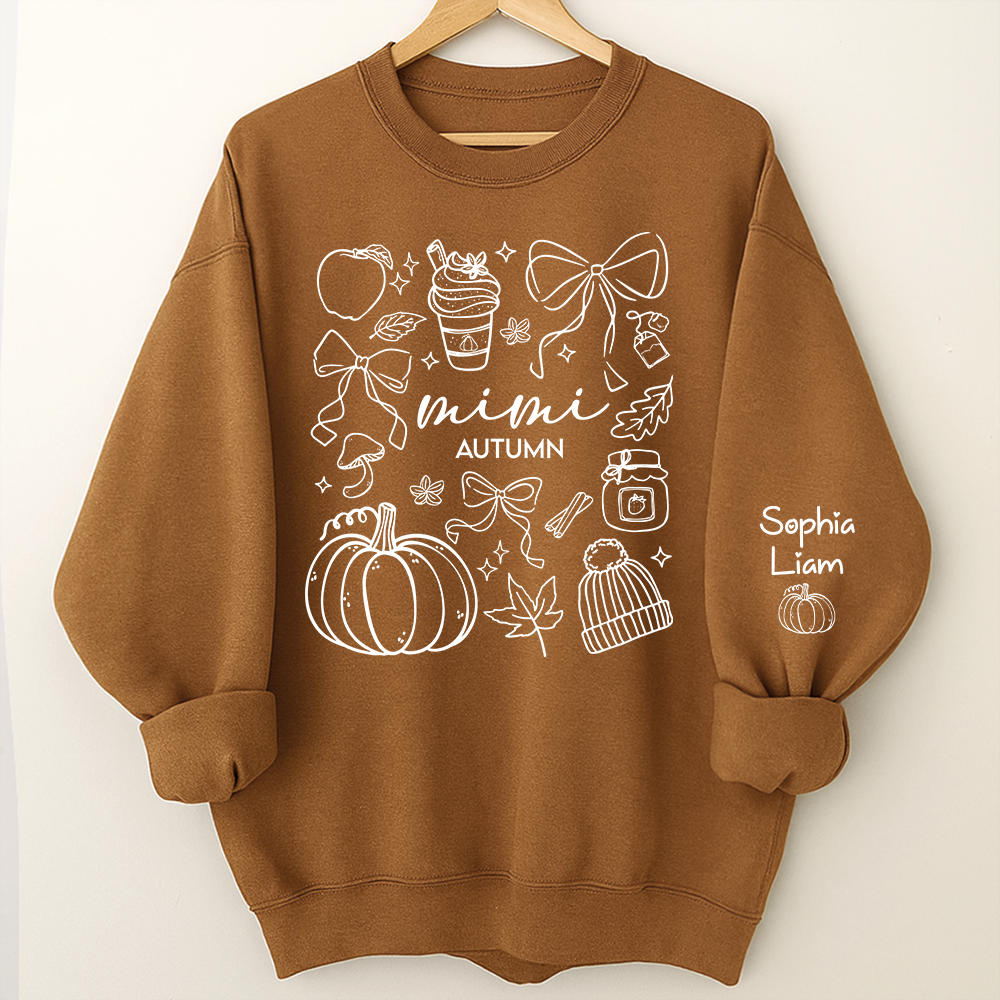 Custom Mimi Autumn Sweatshirt with Grandchildren Names, Personalized Fall Pumpkin Cozy Season Shirt, Grandma Gift