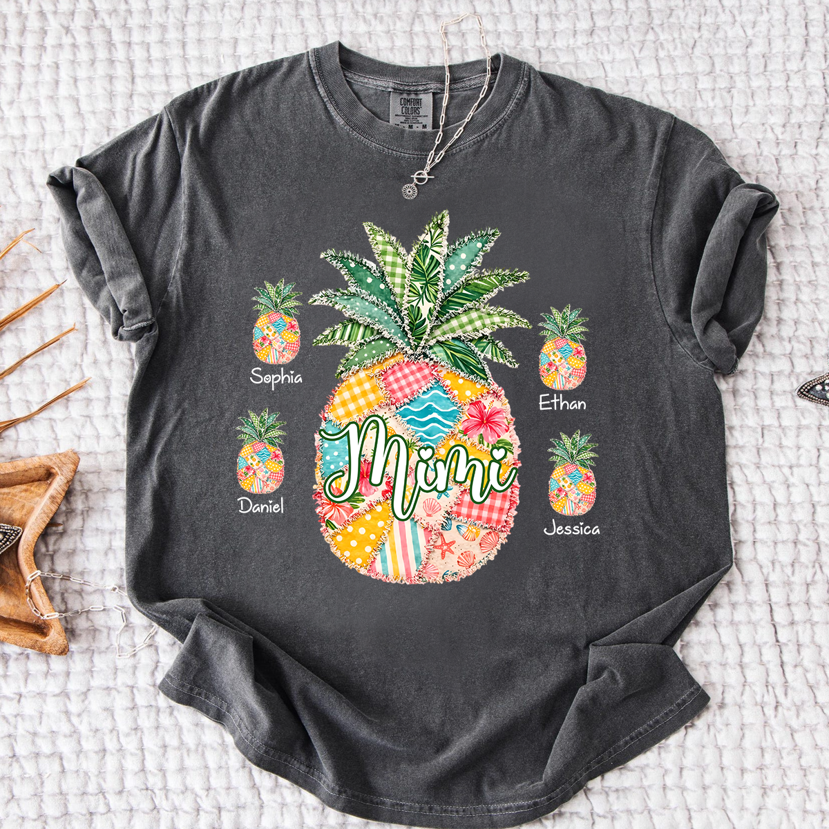 Comfort Colors Personalized Mimi Pineapple Shirt with Grandkids Names, Custom Grandma Tropical T Shirt for Women, Summer Beach Family Gift