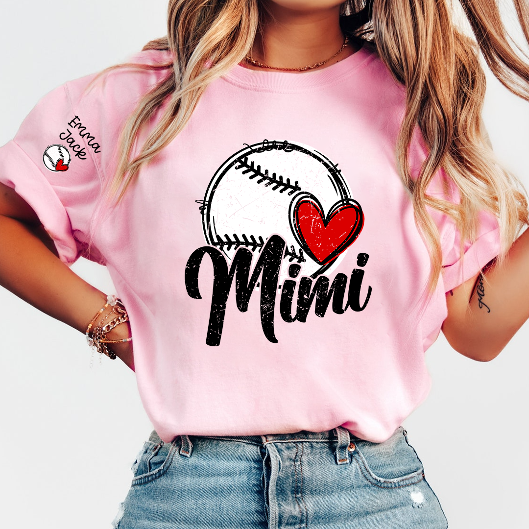 Personalized Mimi Baseball Shirt, Heart and Bat Design with Custom Names