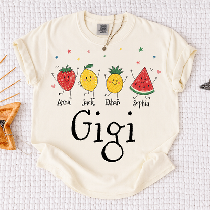 Comfort Colors® Personalized Gigi Shirt with Grandkids Names, Cute Fruit Family Grandma Tee, Custom Gigi Gift from Grandchildren, Summer Family Shirt