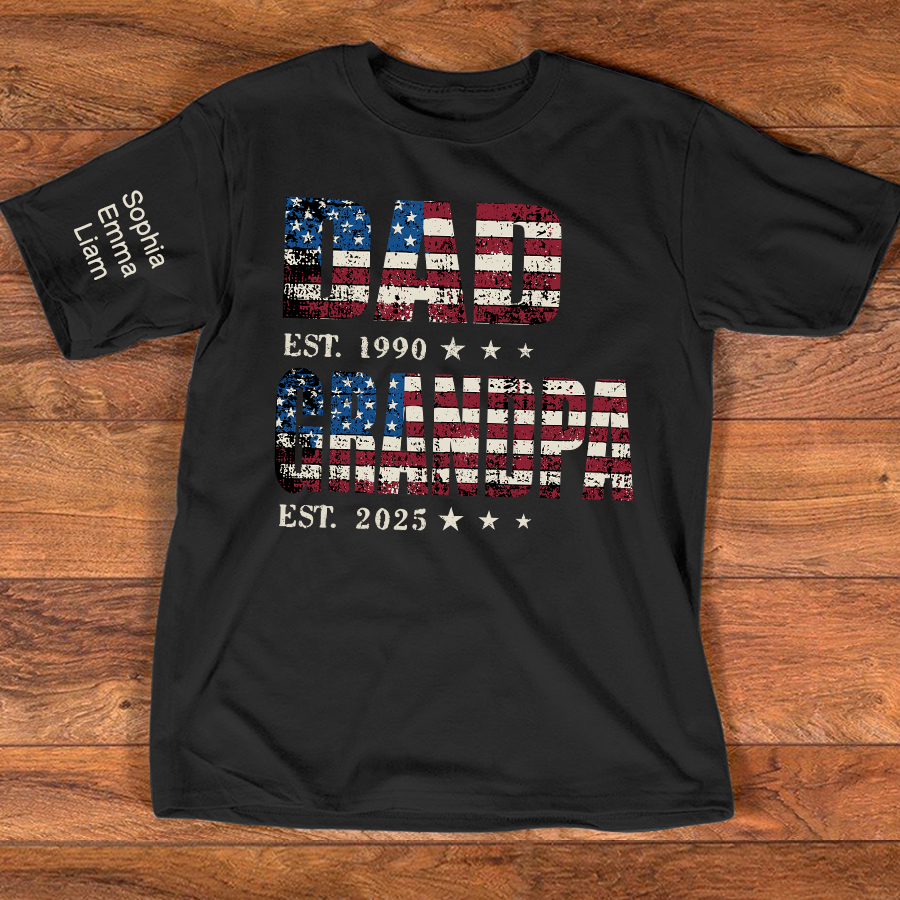 Personalized Dad Papa EST Shirt With Custom Names, Patriotic American Flag Family T Shirt