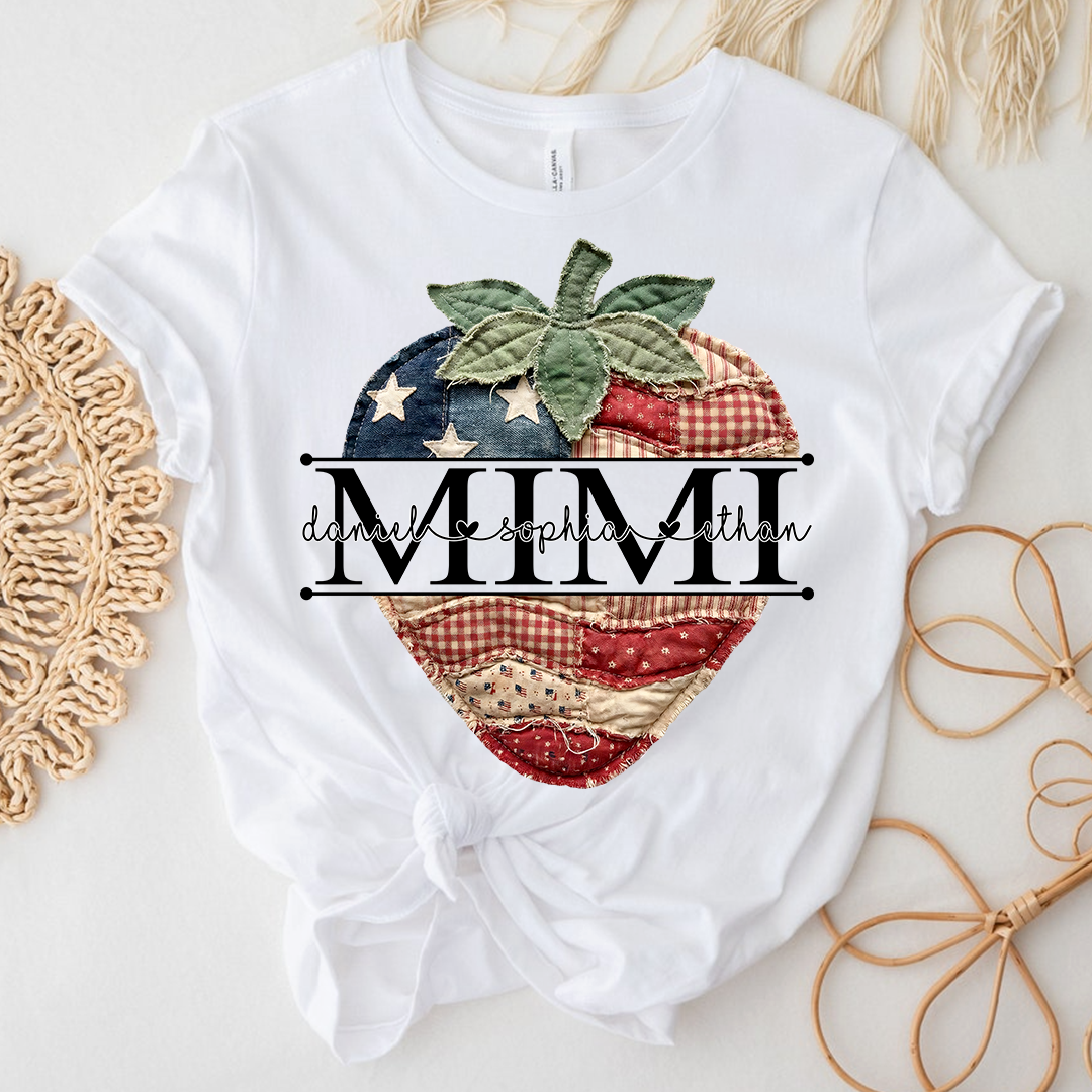 Custom 4th of July Mimi Strawberry T-Shirt, Personalized Patriotic Red White Blue Tshirt
