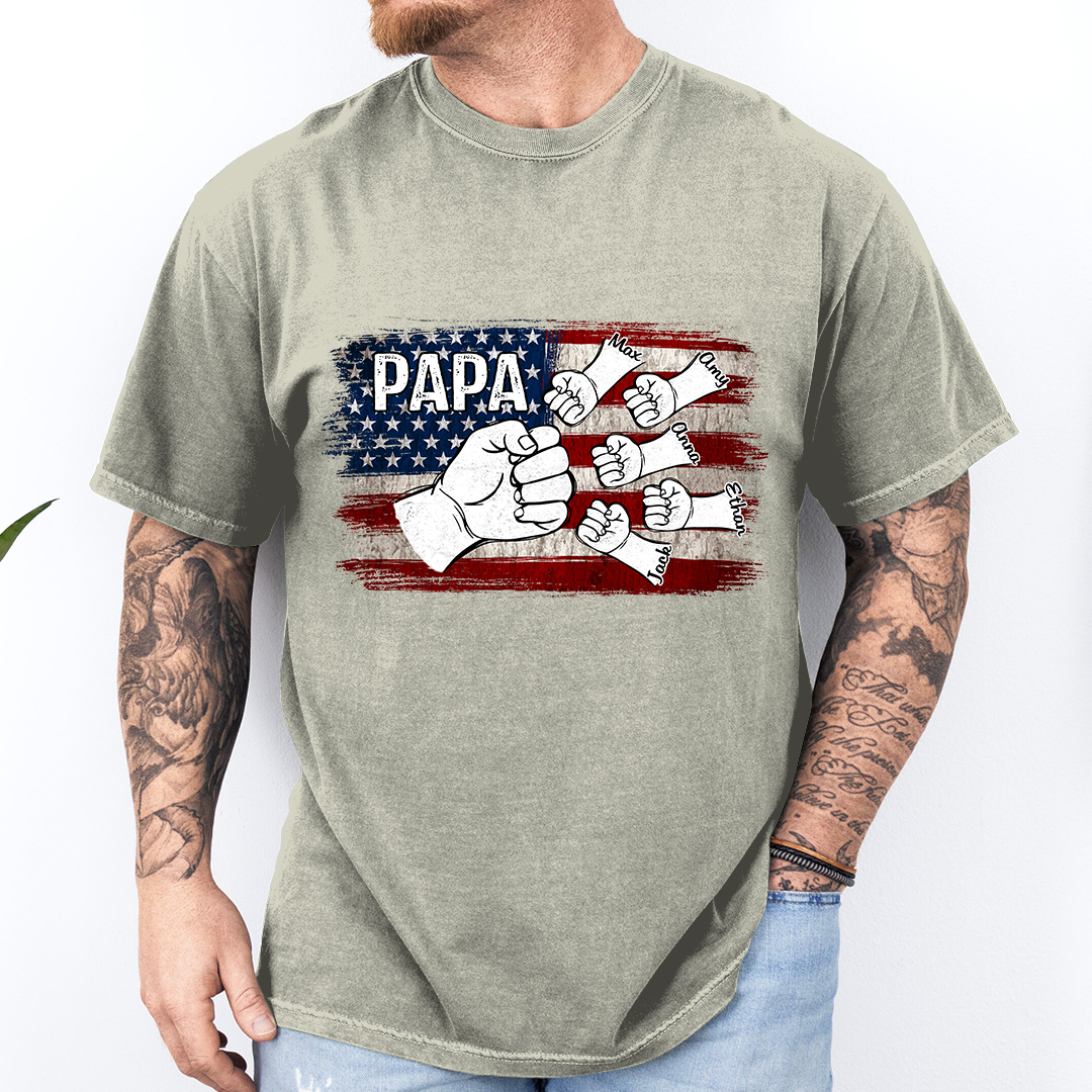 Comfort Colors® Papa Fist Bump Shirt with Kids Names – American Flag Custom T-Shirt for Dad