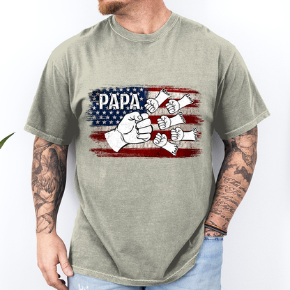 Comfort Colors® Papa Fist Bump Shirt with Kids Names – American Flag Custom T-Shirt for Dad