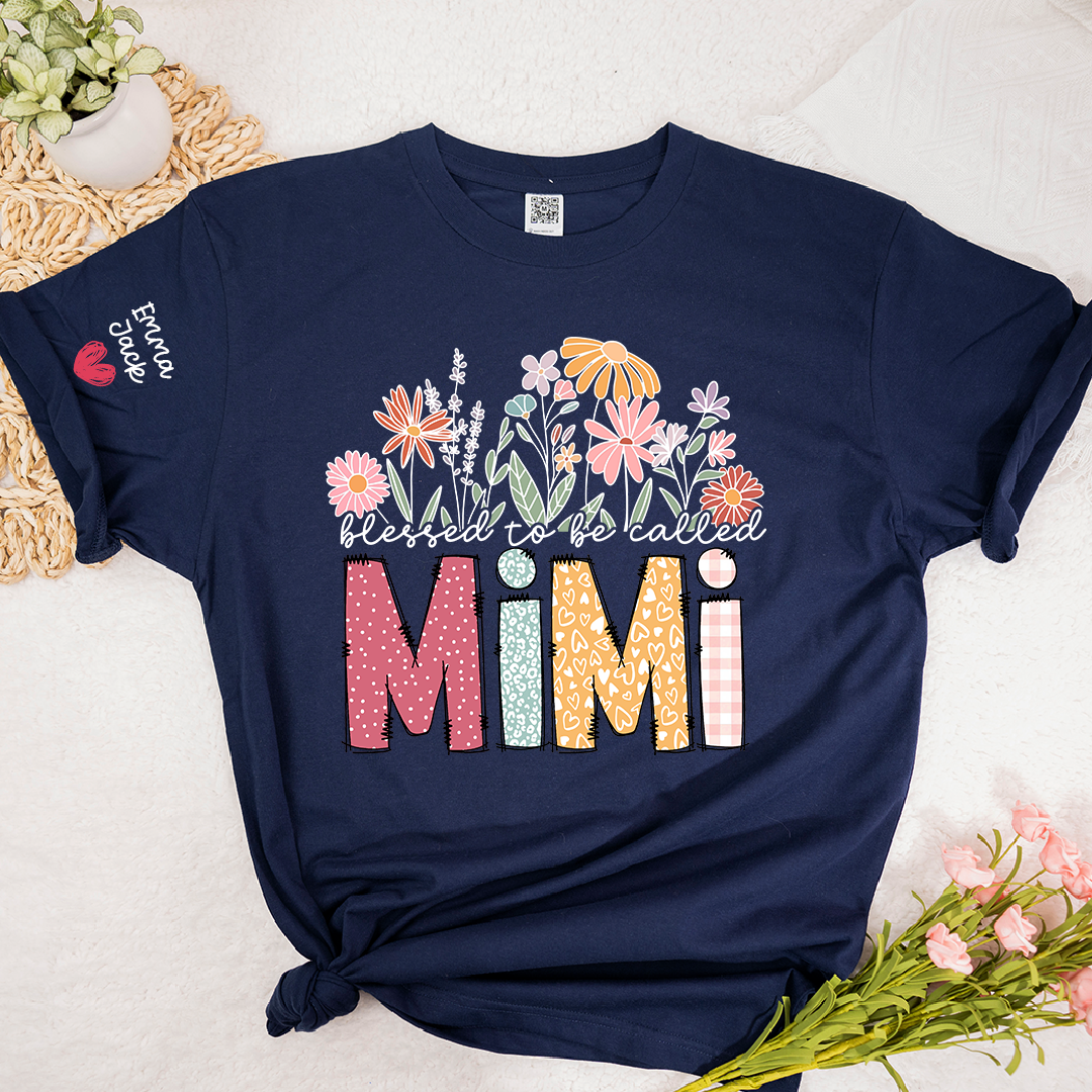 Blessed to Be Called Mimi Shirt Personalized with Grandkids Names, Floral Design