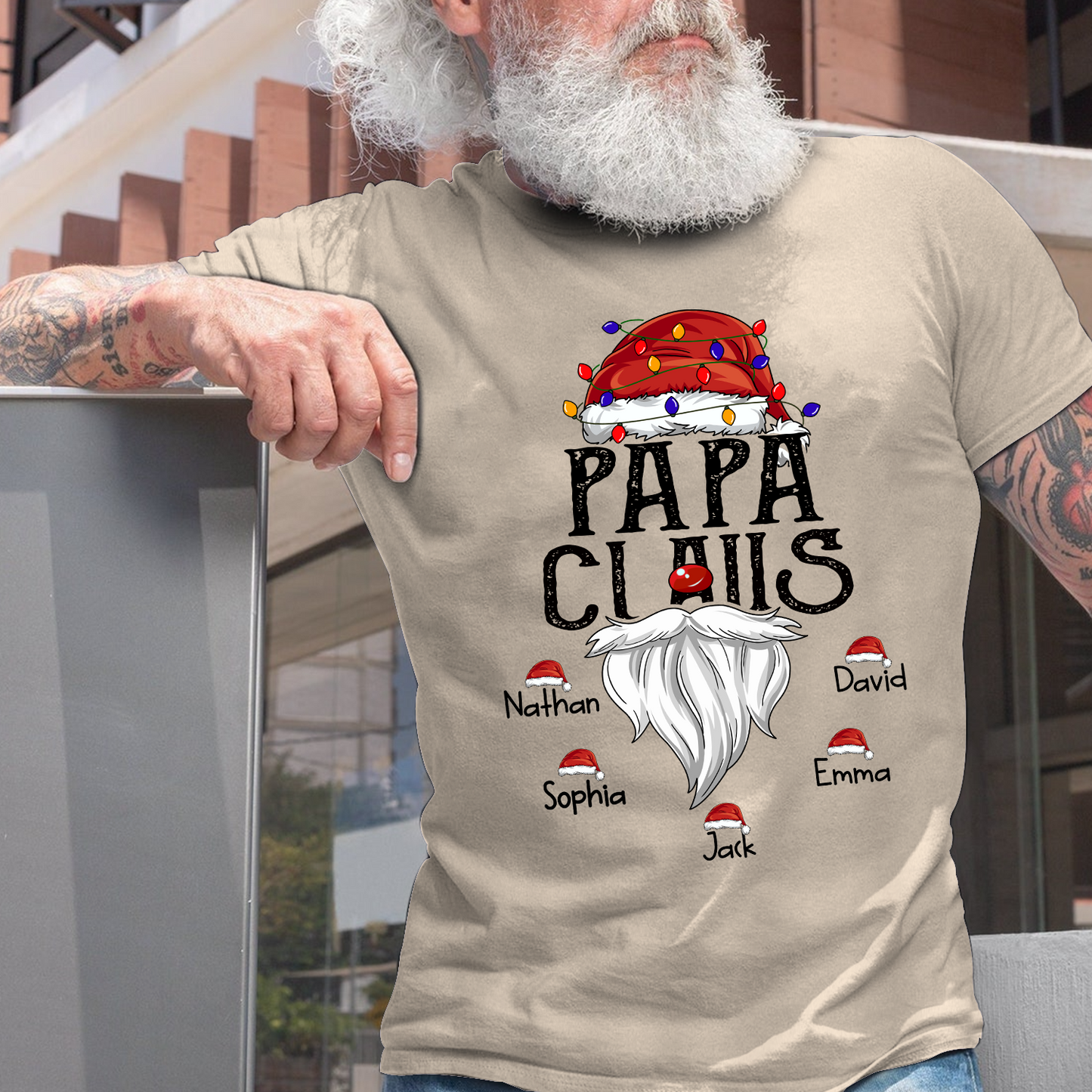 Hat Santa With Christmas Lights, Gift For Grandpa, Custom Give Papa And Kids T-Shirt