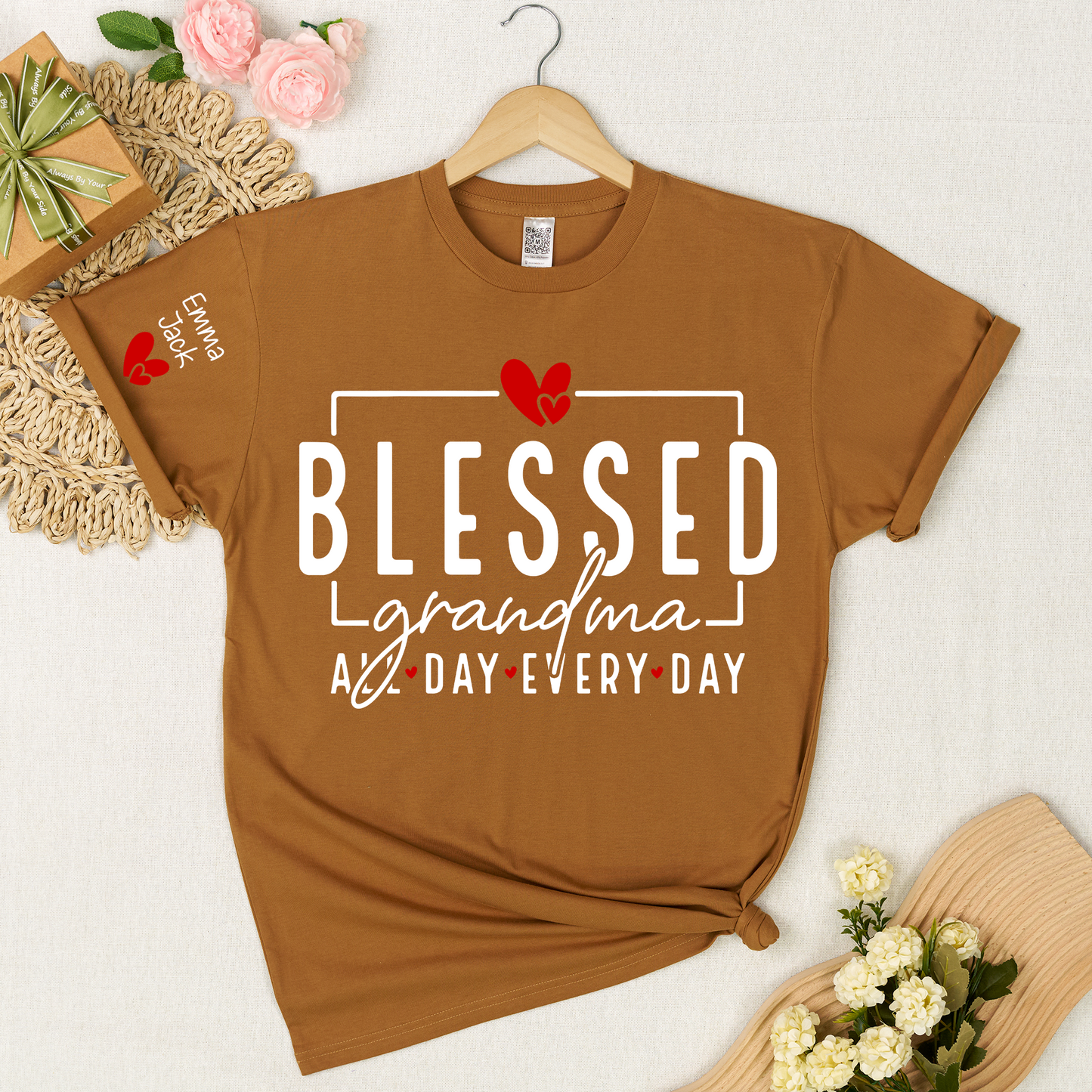 Blessed Grandma All Day Every Day Shirt, Personalized Family T Shirt with Grandkids Names and Heart Design