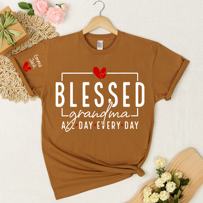 Blessed Grandma All Day Every Day Shirt, Personalized Family T Shirt with Grandkids Names and Heart Design