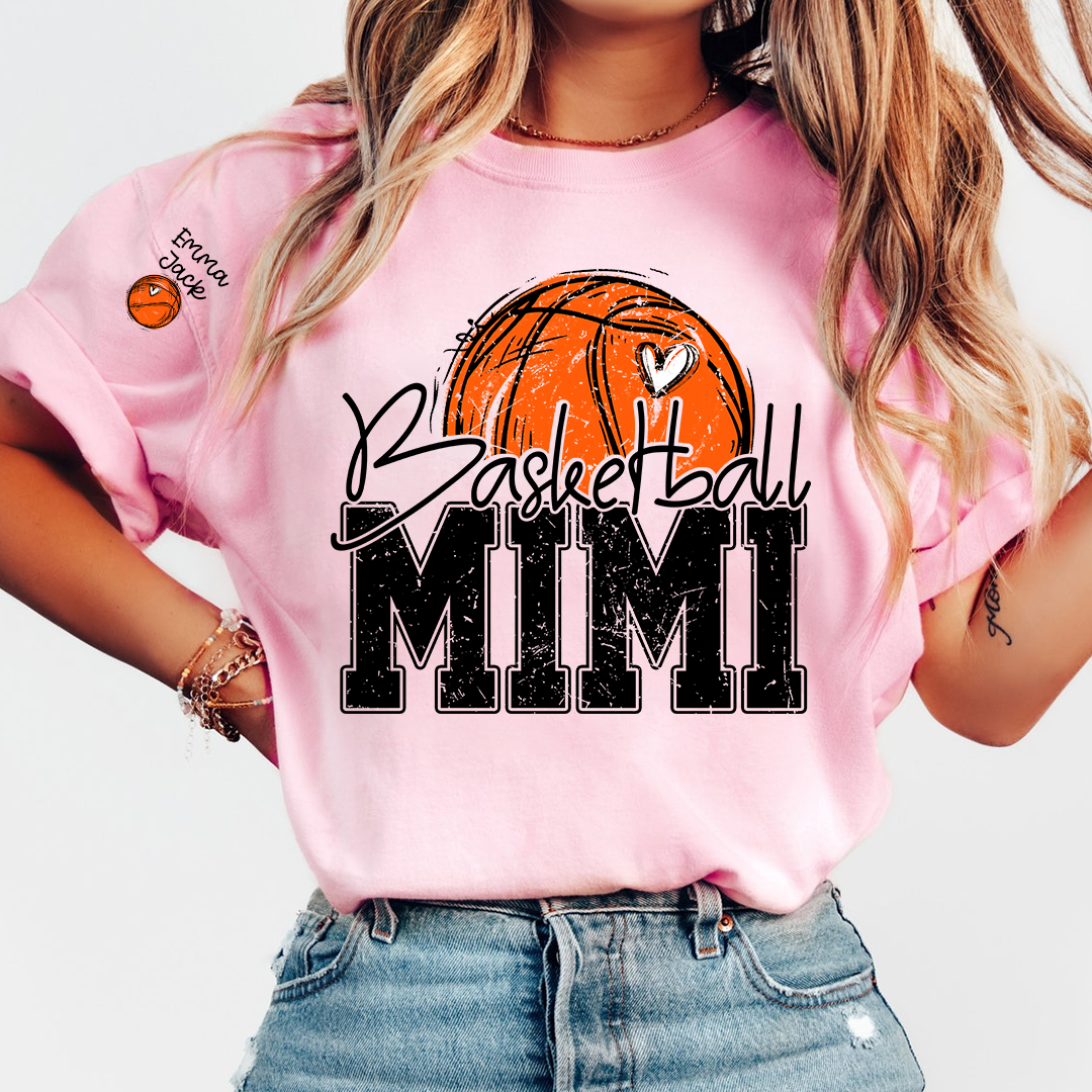 Custom Basketball Mimi Shirt with Heart and Ball Graphic, Personalized Family Names