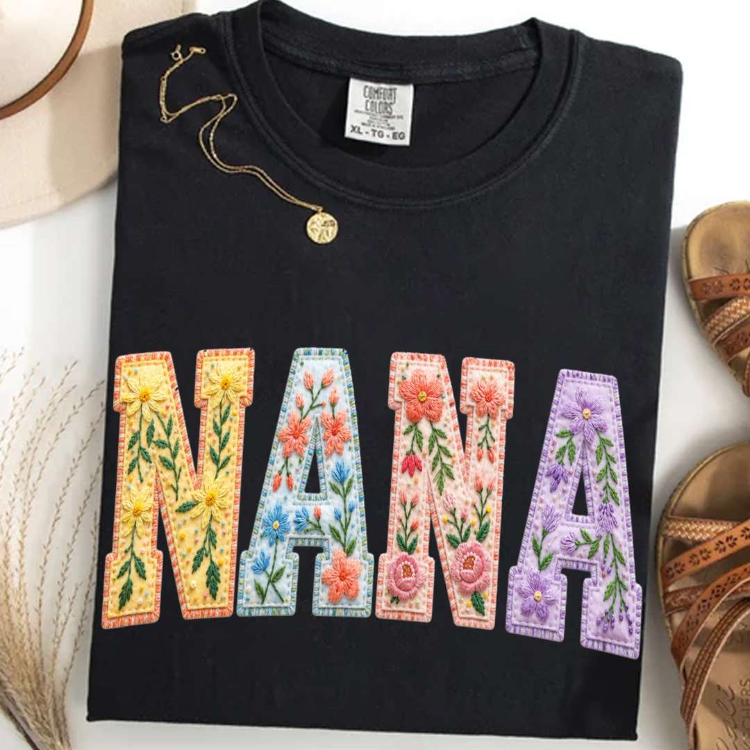 Personalized Nana Shirt Floral Embroidery Design Custom Grandma Mimi Gigi Name Tee with Grandkids Names Vibrant Flower Pattern Family Gift for Women