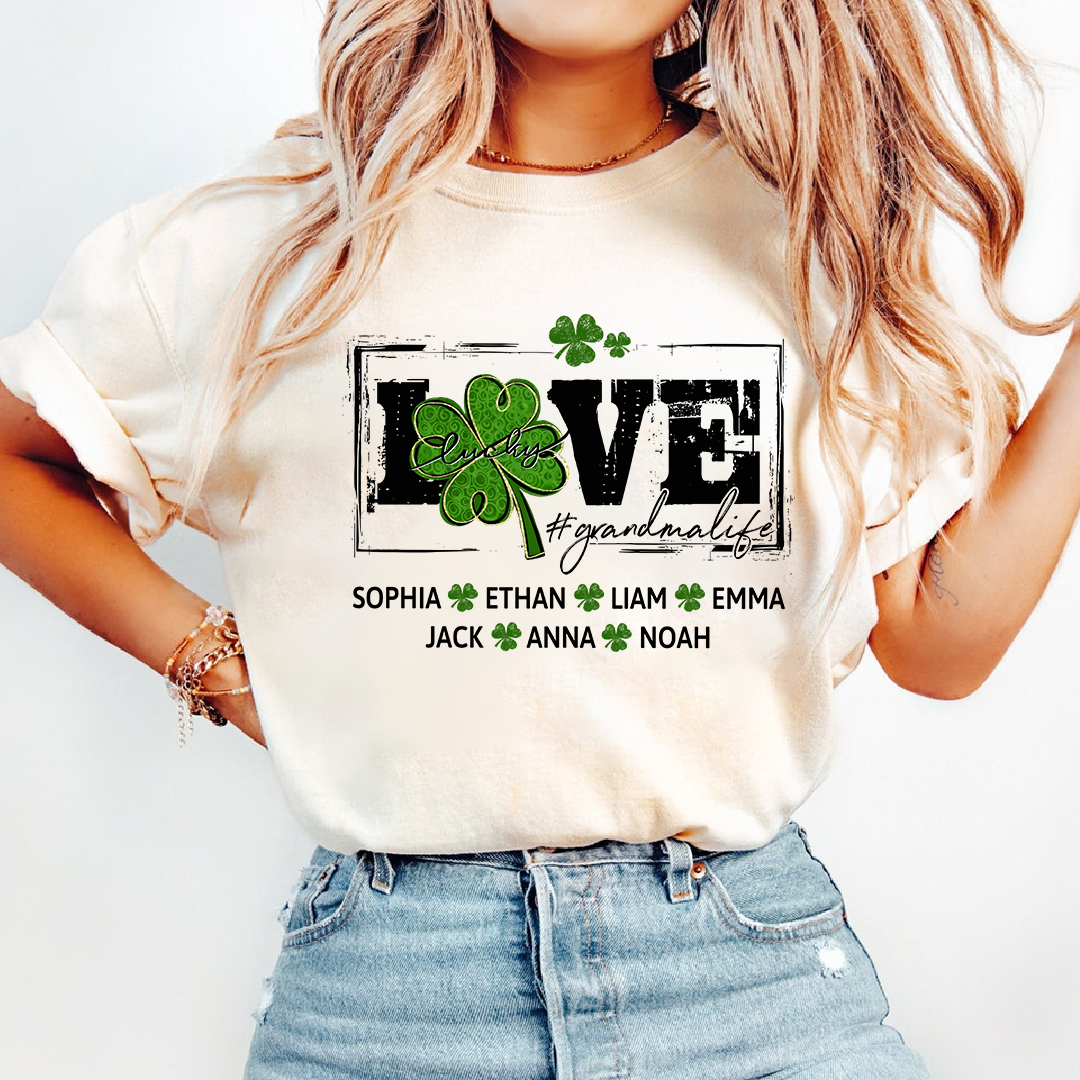 Grandma St Patrick’s Day Shirt, LOVE Shamrock Grandmalife Personalized Family T Shirt