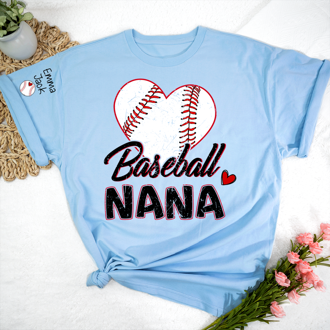 Baseball Nana T-Shirt With Custom Grandkids Names, Heart Graphic Design For Gift Gradma And Kids