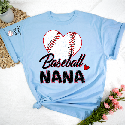Baseball Nana T-Shirt With Custom Grandkids Names, Heart Graphic Design For Gift Gradma And Kids