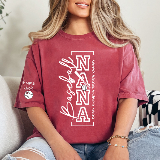 Baseball Nana T-Shirt, Custom Family Name Shirt with Modern Vertical Graphic