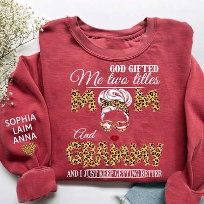 Personalized Mom & Grandma Sweatshirt – “God Gifted Me Two Titles” Custom Family Design, Perfect Christmas Gift for Her