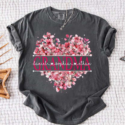 Comfort Colors Floral Heart Grandma Shirt, Custom Family Names and Heart Floral Design T Shirt