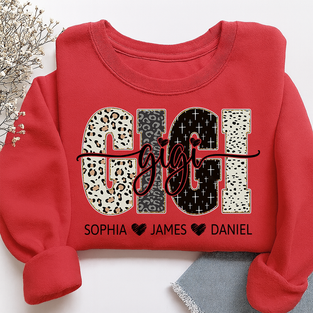 Personalized GiGi Sweatshirt With Grandkids Names, Custom Leopard Print Grandma Pullover