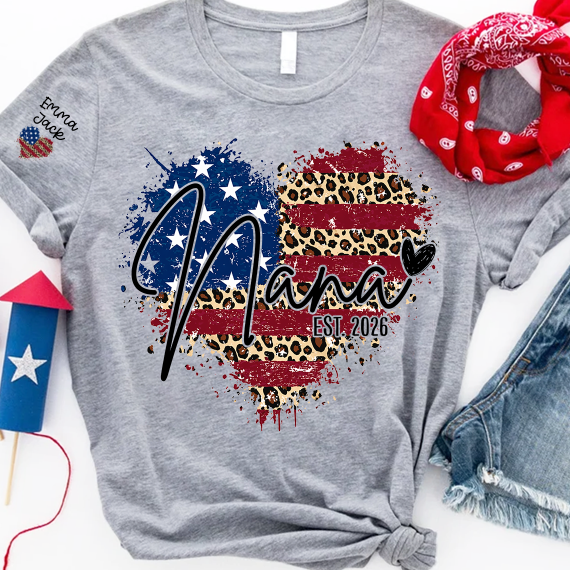 Custom American Flag Heart Nana T-shirt, Grandma Shirt with Kids, Mother's Day Gift for Grandma