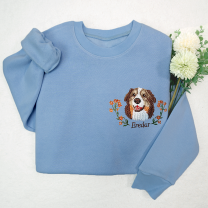 Custom Dog Portrait Embroidered Sweatshirt, Personalized Pet Face and Pet name Sweatshirt