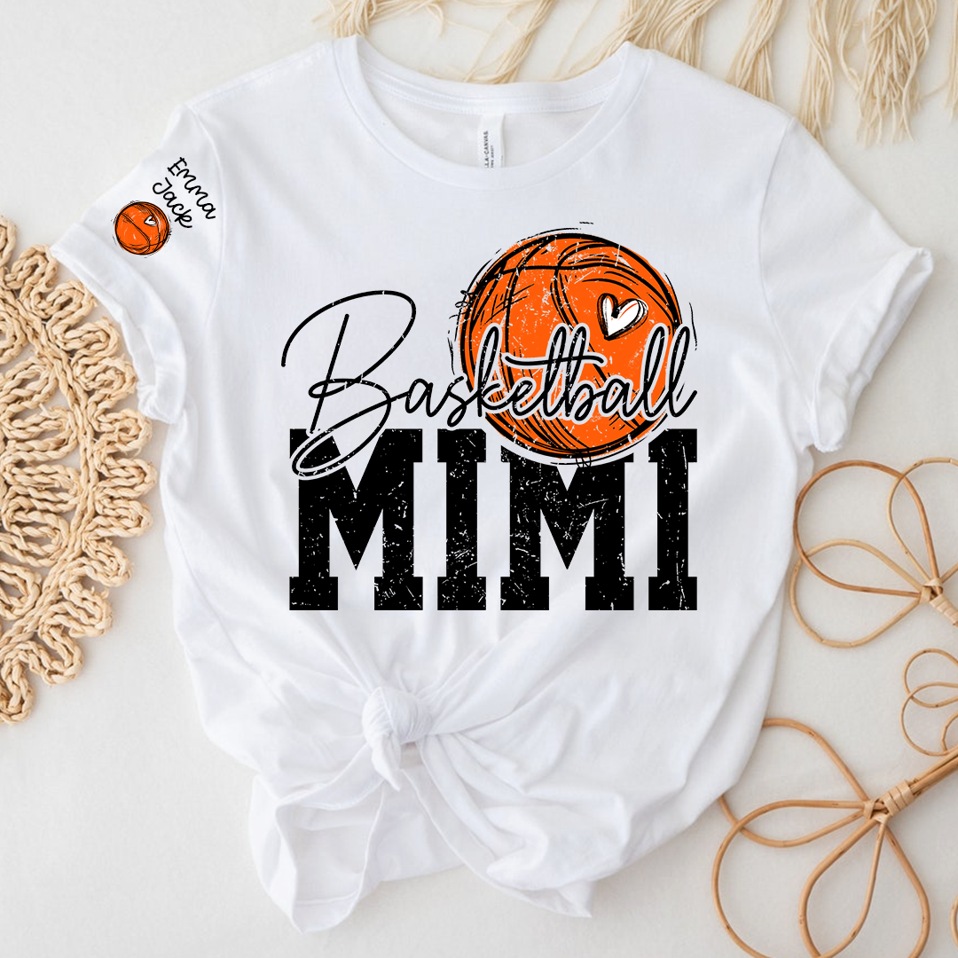 Basketball Mimi T Shirt with Custom Names, Basketball Heart and Hoop Design