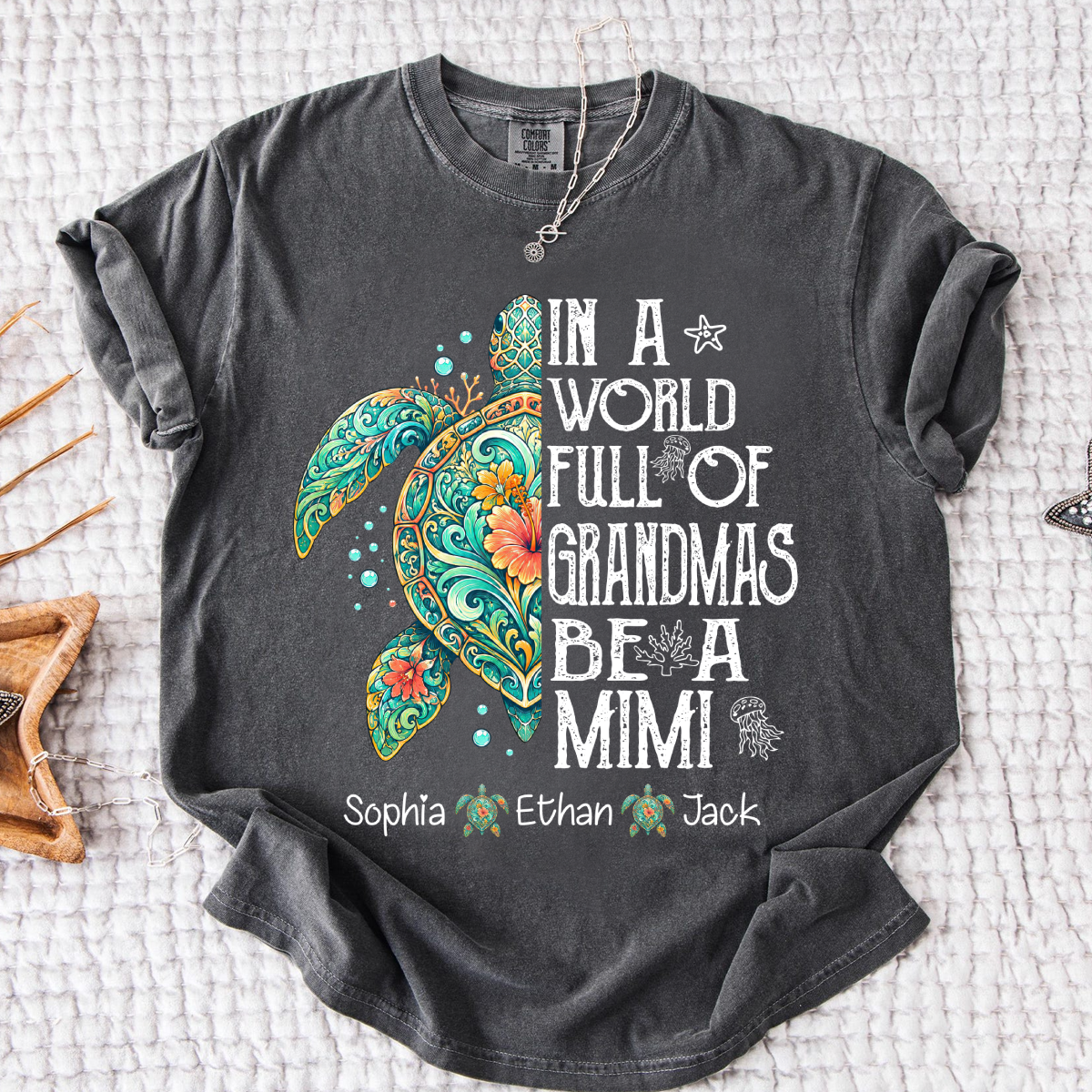 Cute Mimi Turtle Shirt for Women, Personalized Family Names T Shirt, Coastal Sea Life Graphic Tee, Gift for Grandma from Kids