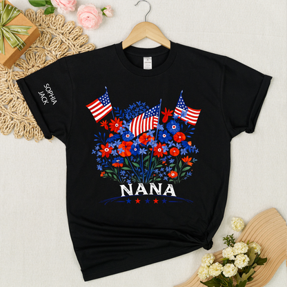 Personalized Nana Shirt Patriotic Floral American Flag Design Custom Grandma Mimi Gigi Name Tee with Grandkids Names Family 4th of July Outfit