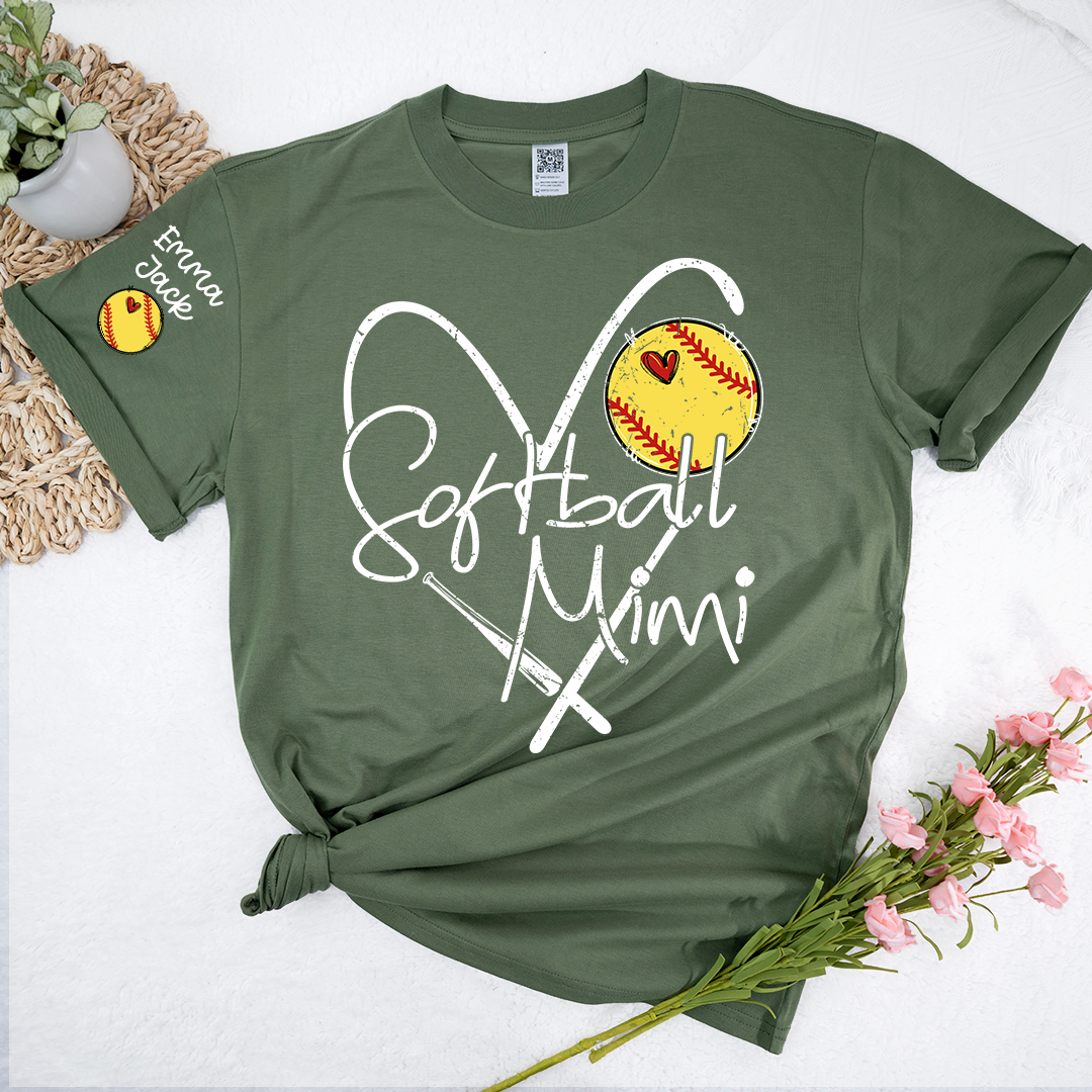 Softball Mimi Shirt Personalized with Grandkids Names, Heart and Bat Sports Family T Shirt