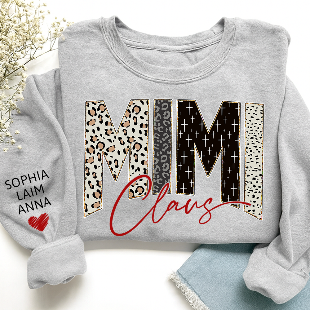 Personalized Mimi Claus Leopard Sweatshirt – Custom Bible Style Design, Unique Gift for Grandma and Her Grandkids