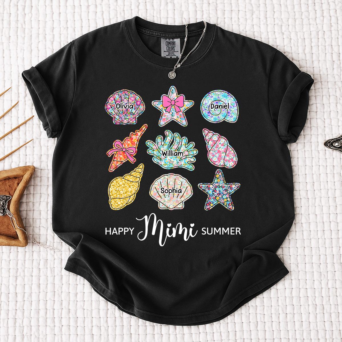 Comfort Colors Personalized Mimi Summer Beach Shirt with Grandkids Names, Custom Grandma Seashell Starfish T Shirt for Women
