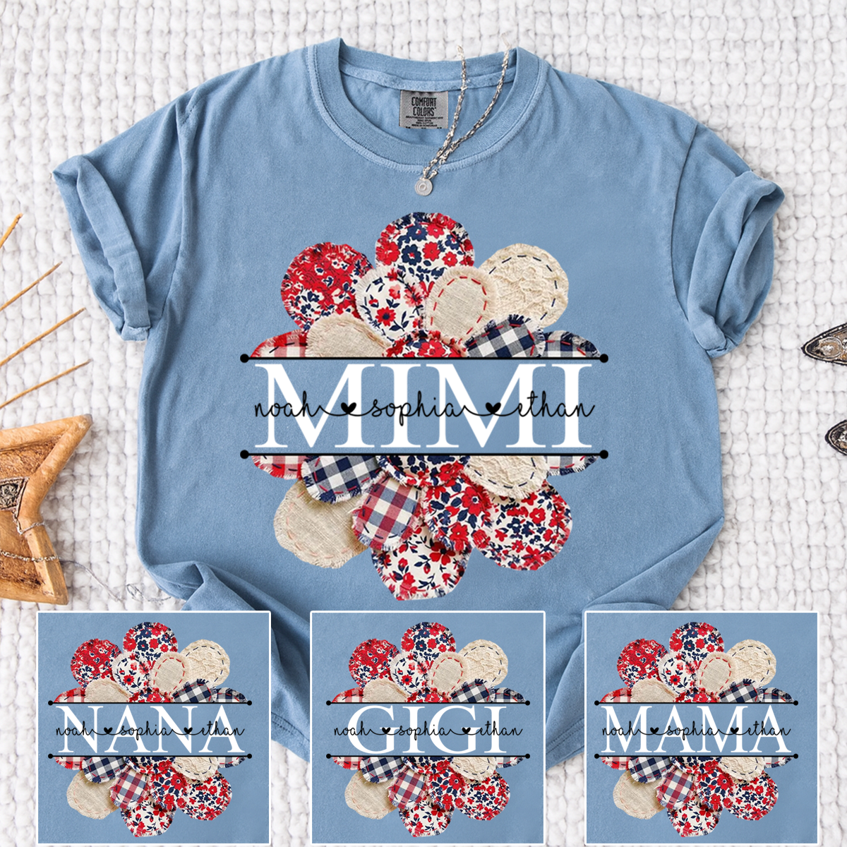 Comfort Colors Custom Mimi T-shirt with Grandkids Names, Red and Blue Floral Patchwork