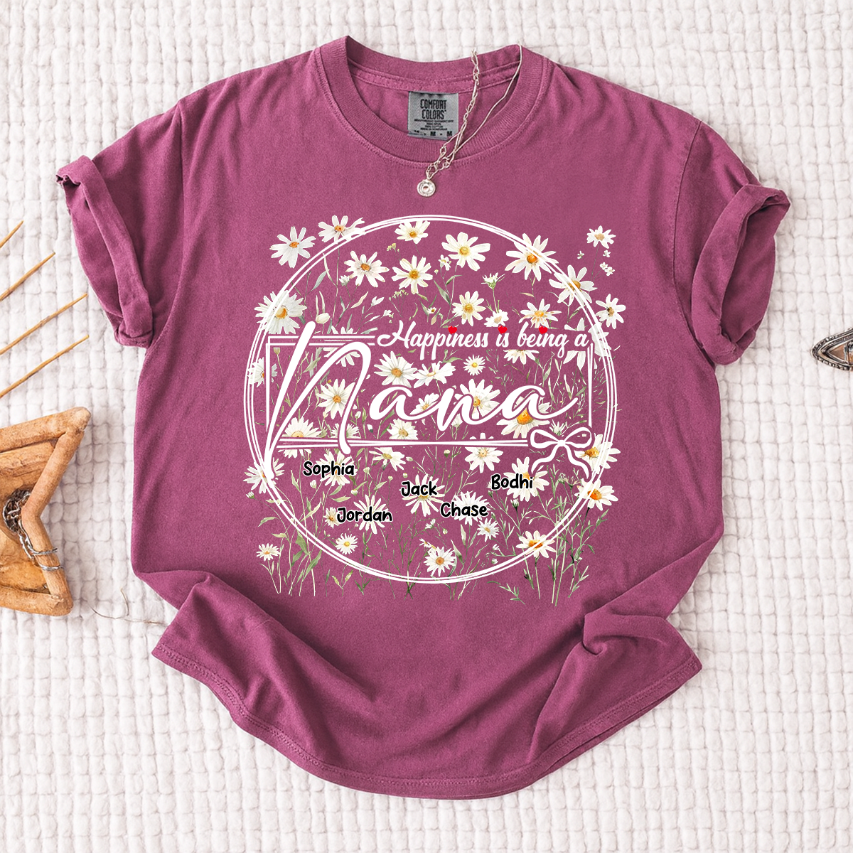 Comfort Colors® Personalized Nana Shirt with Kids' Names, Custom Floral Design, Happiness is Being a Nana