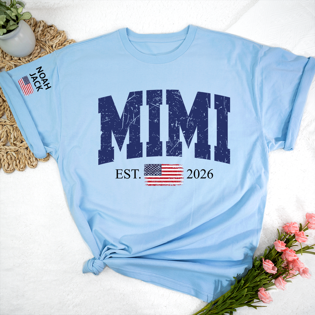 Patriotic Mimi T Shirt, Vintage American Flag Design with Custom Grandkids Names