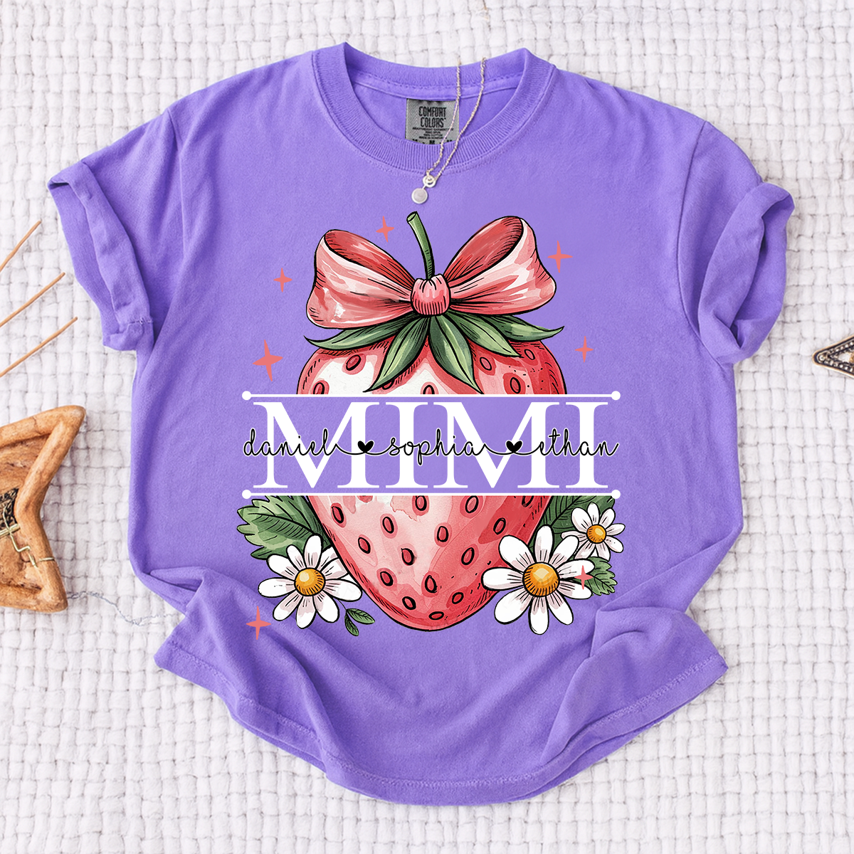 Comfort Colors® Custom Mimi T Shirt with Strawberry Bow Design, Floral Grandma Graphic Tee, Cute Summer Fruit Shirt for Mimi