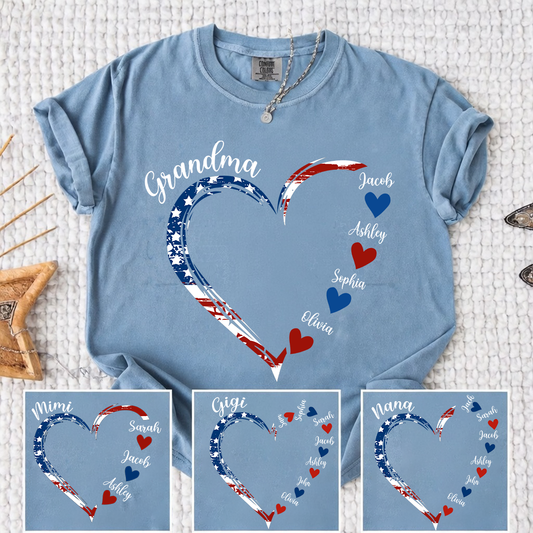 Comfort Colors Personalized Grandma Heart Shirt with Grandkids Names - Custom American Flag Heart Tee - Gift for Nana, Mimi, Gigi