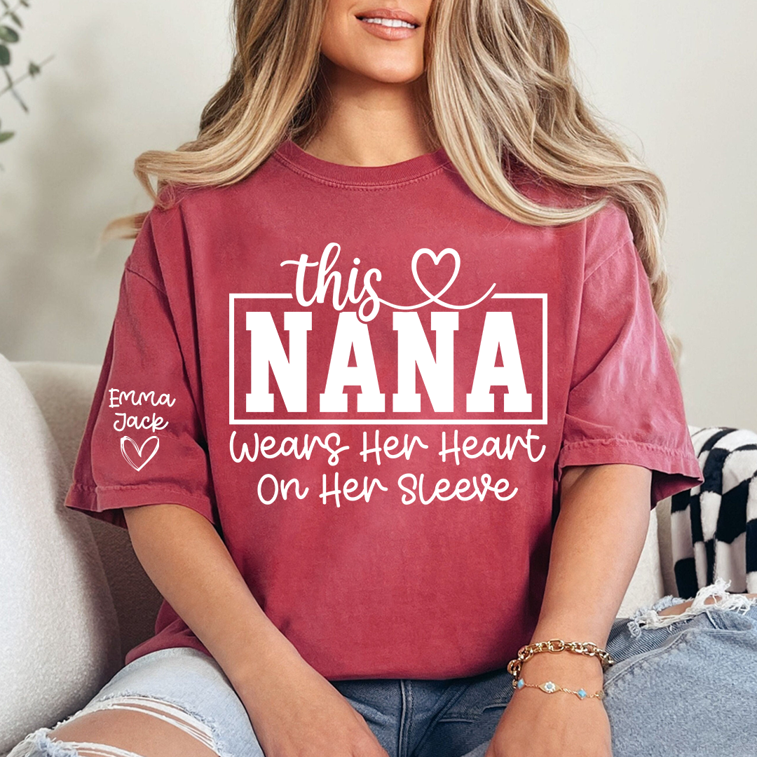 This Grandma Wears Her Heart on Her Sleeve Shirt, Personalized Grandkids Names Family T Shirt