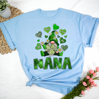 Nana Shamrock Shirt for St Patrick’s Day, Personalized Family Gnome T Shirt, for Grandma and Kids