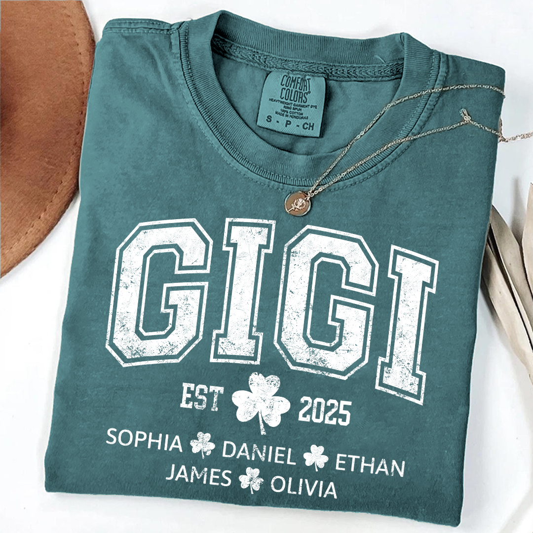 Comfort Colors St Patrick’s Day Gigi Shirt Est 2025, Custom Grandma T Shirt with Kids Names Shamrock Design