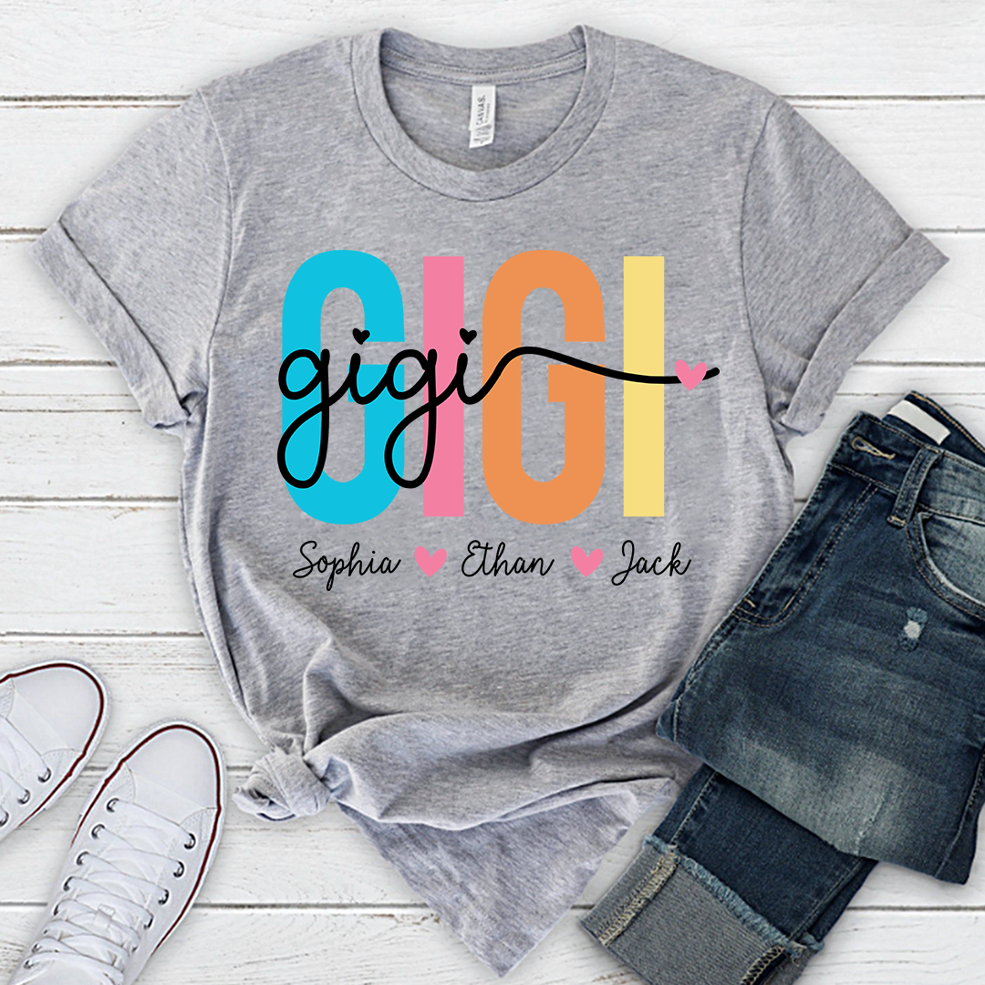 Personalized Gigi Shirt with Grandkids Names, Colorful GIGI Graphic Tee, Custom Grandma T Shirt, Family Gift for Gigi from Grandchildren