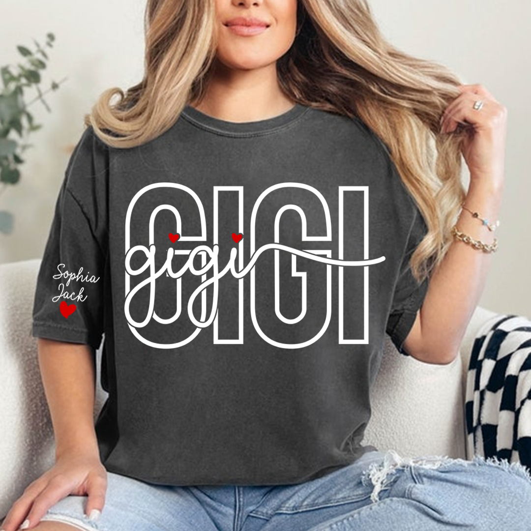 Custom Gigi Shirt for Women, Personalized Grandkids Names Tee, Grandma Family Shirt, Heart Name Graphic Gift for Gigi Lovers