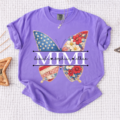 Comfort Personalized Mimi Shirt with Grandkids Names, American Flag and Flower Butterfly Design