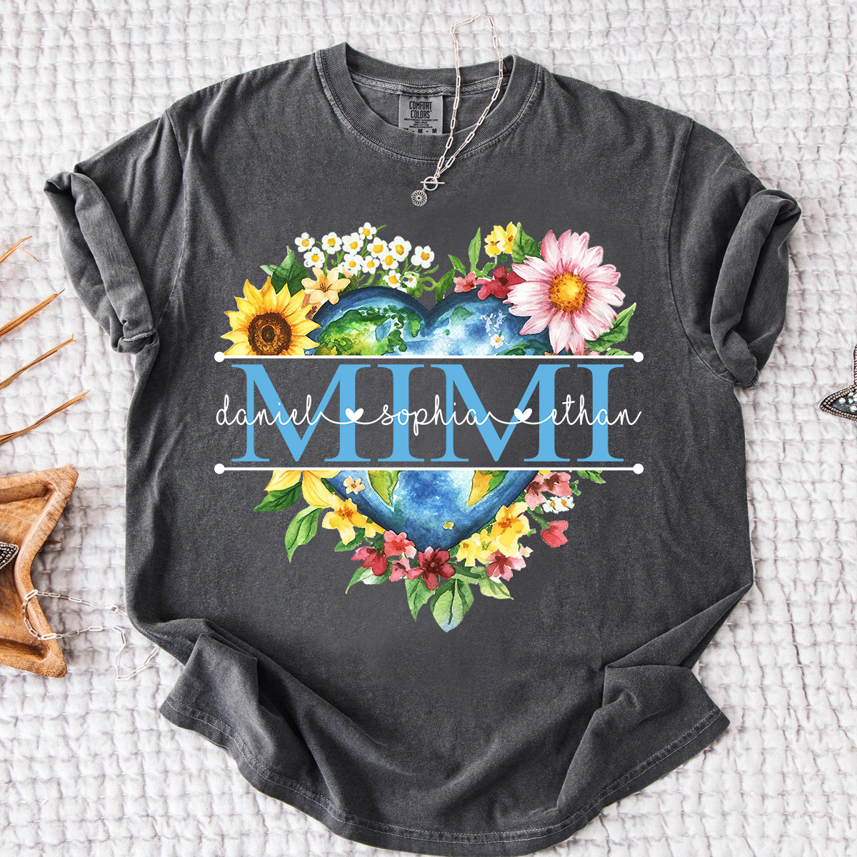 Comfort Colors Custom Mimi Heart Shaped Earth Shirt, Floral Heart Graphic with Grandkids Names, Family Love Tee