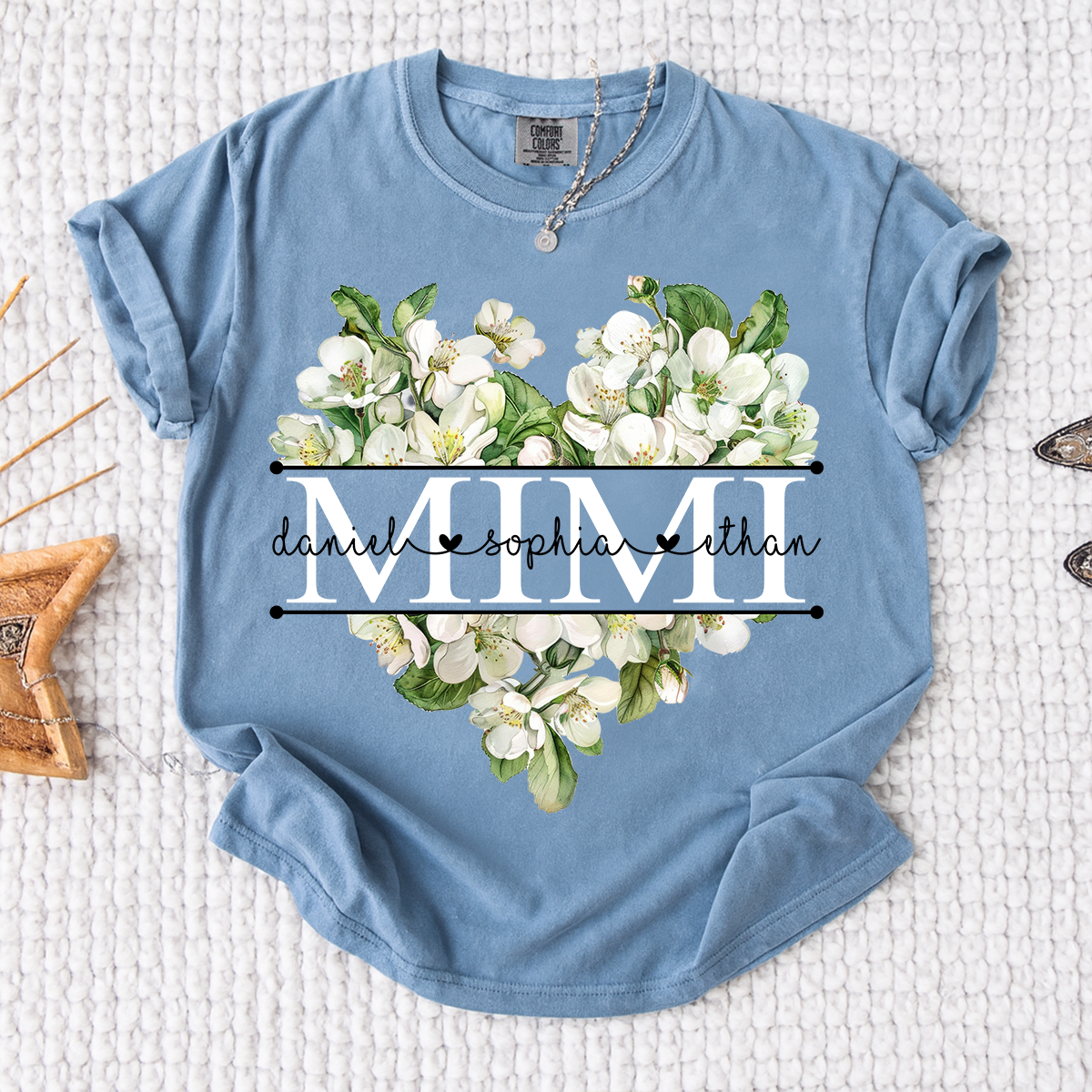 Comfort Custom Mimi T Shirt with Grandkids Names, White Floral Heart Family Tee