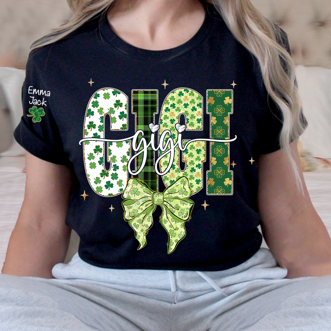 Gigi St Patrick’s Day Shirt, Shamrock Bow Green Family,T-Shirt For Gift Grandma And Kids